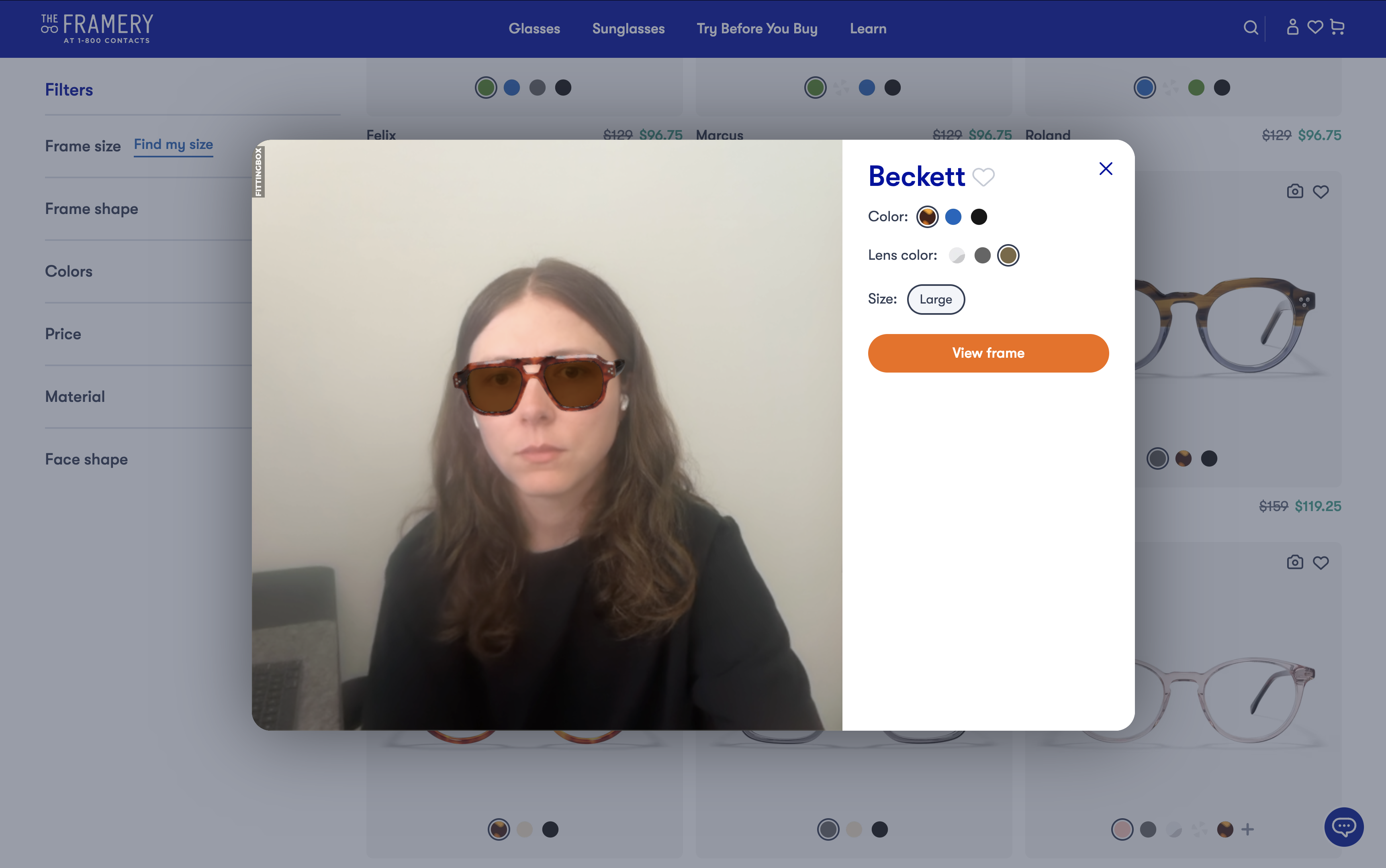 Live virtual try-on showing Beckett sunglasses on a real webcam feed