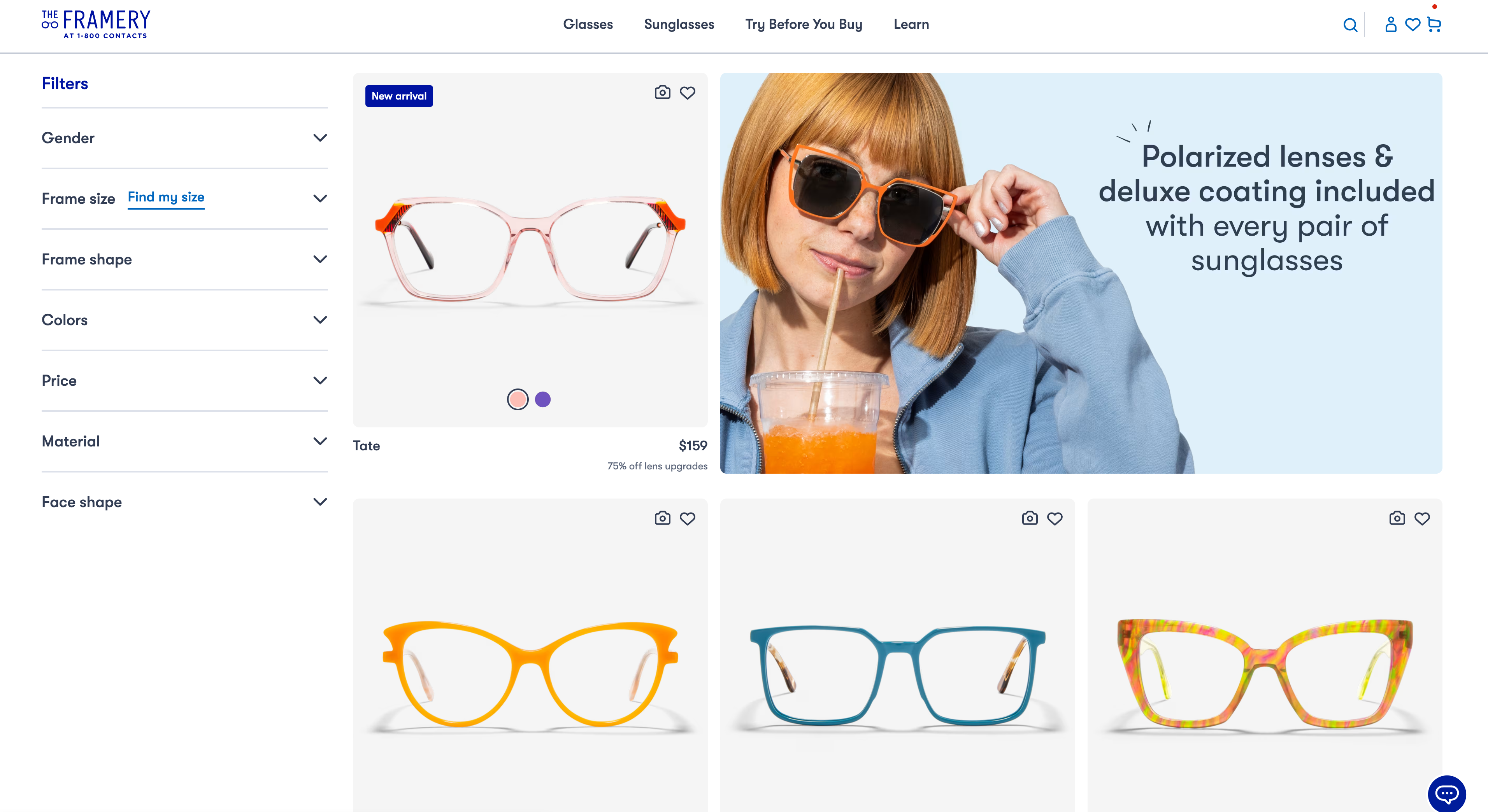 The Framery product listing with a CMS-driven promotional banner for polarized lenses