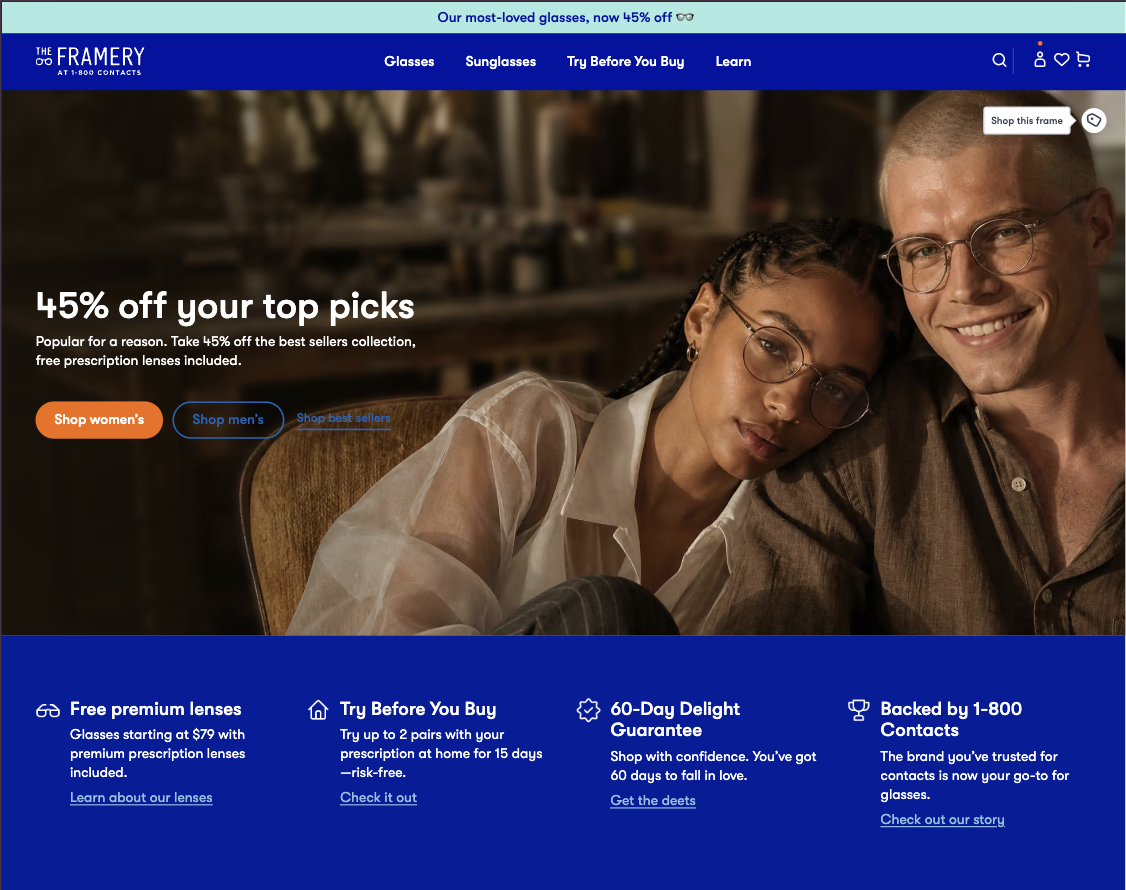 The Framery homepage with a dynamic promotional hero banner