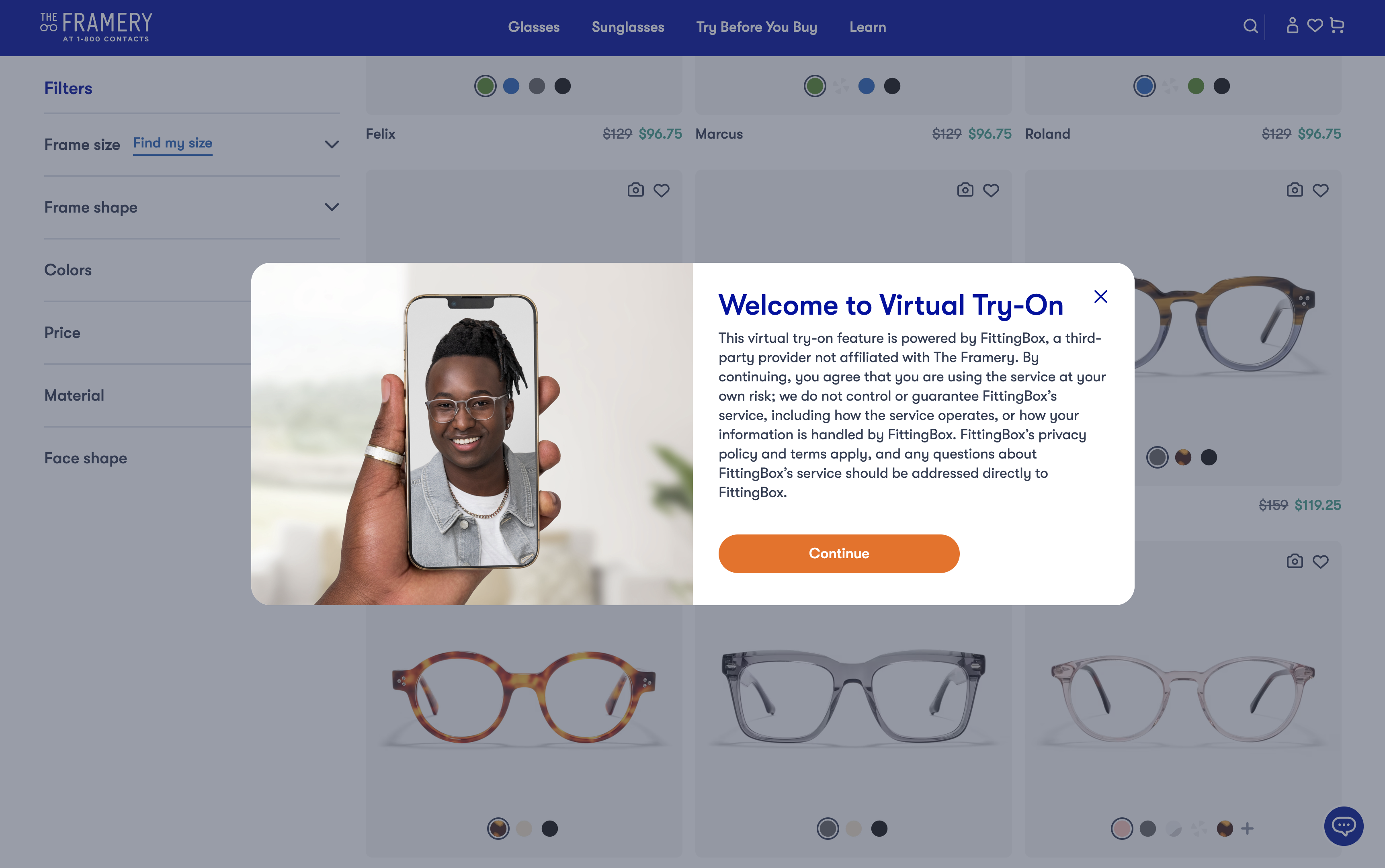Virtual try-on welcome modal with camera permission prompt