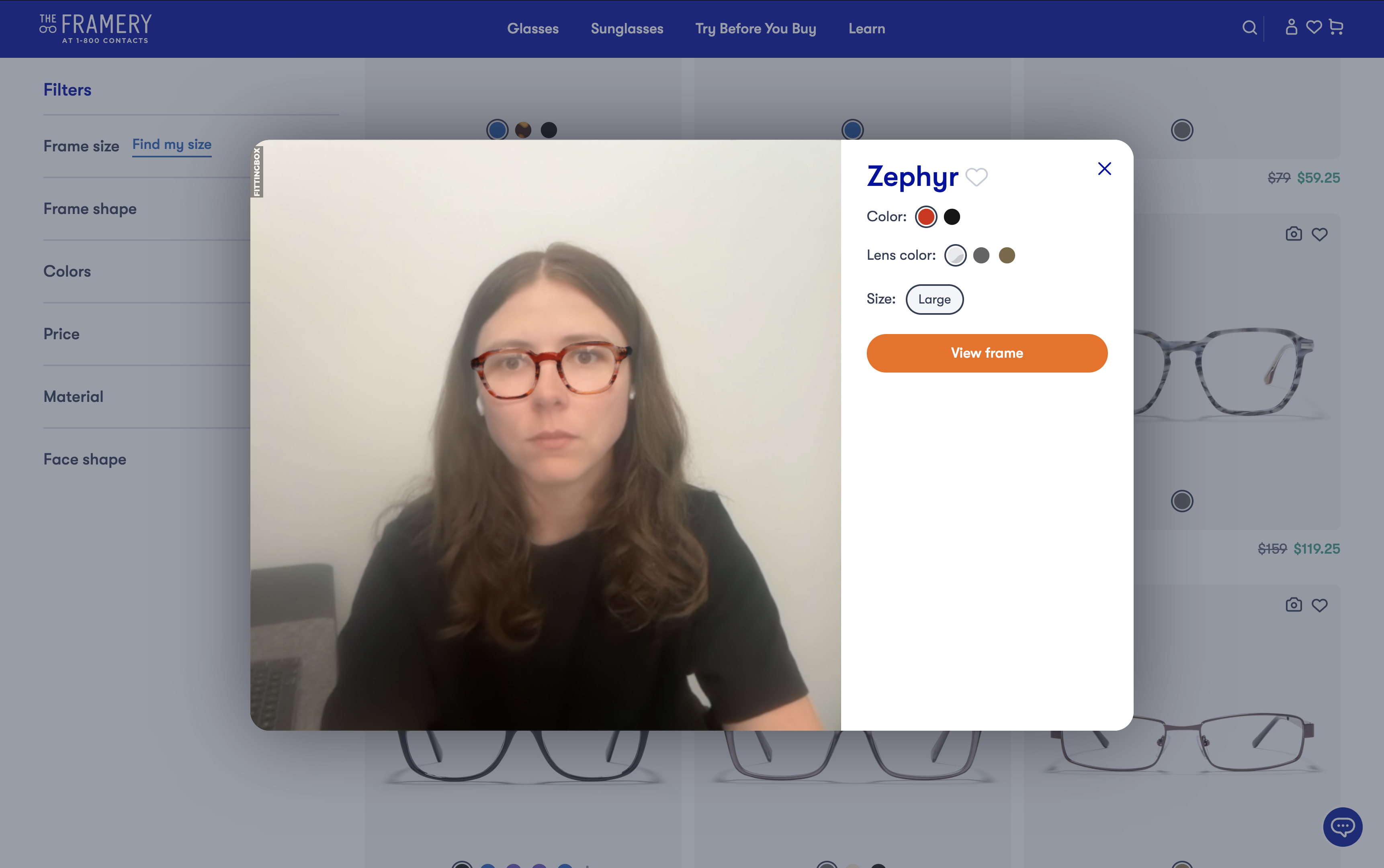 Live virtual try-on showing Zephyr glasses on a real webcam feed