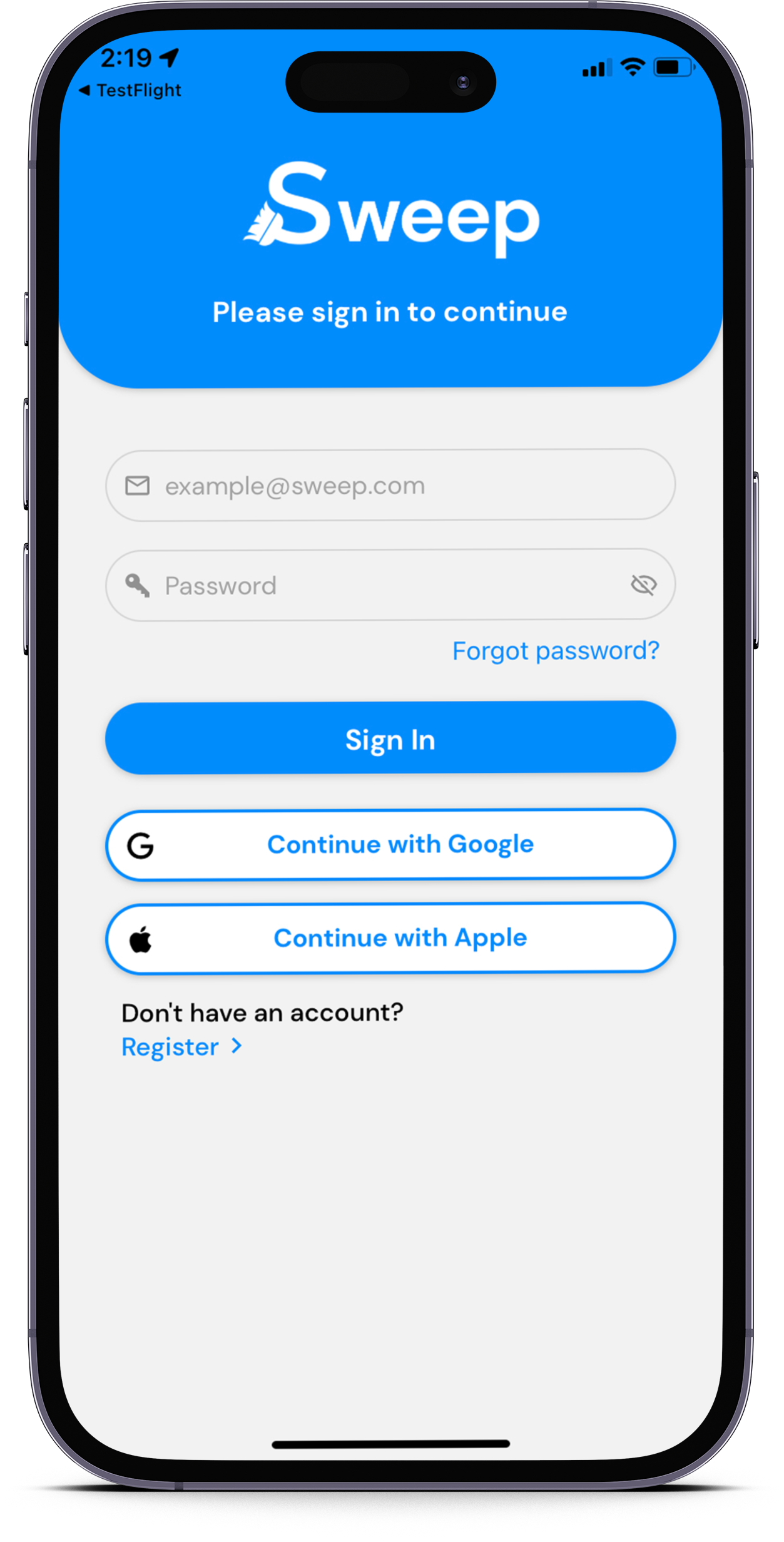Sweep app login screen
